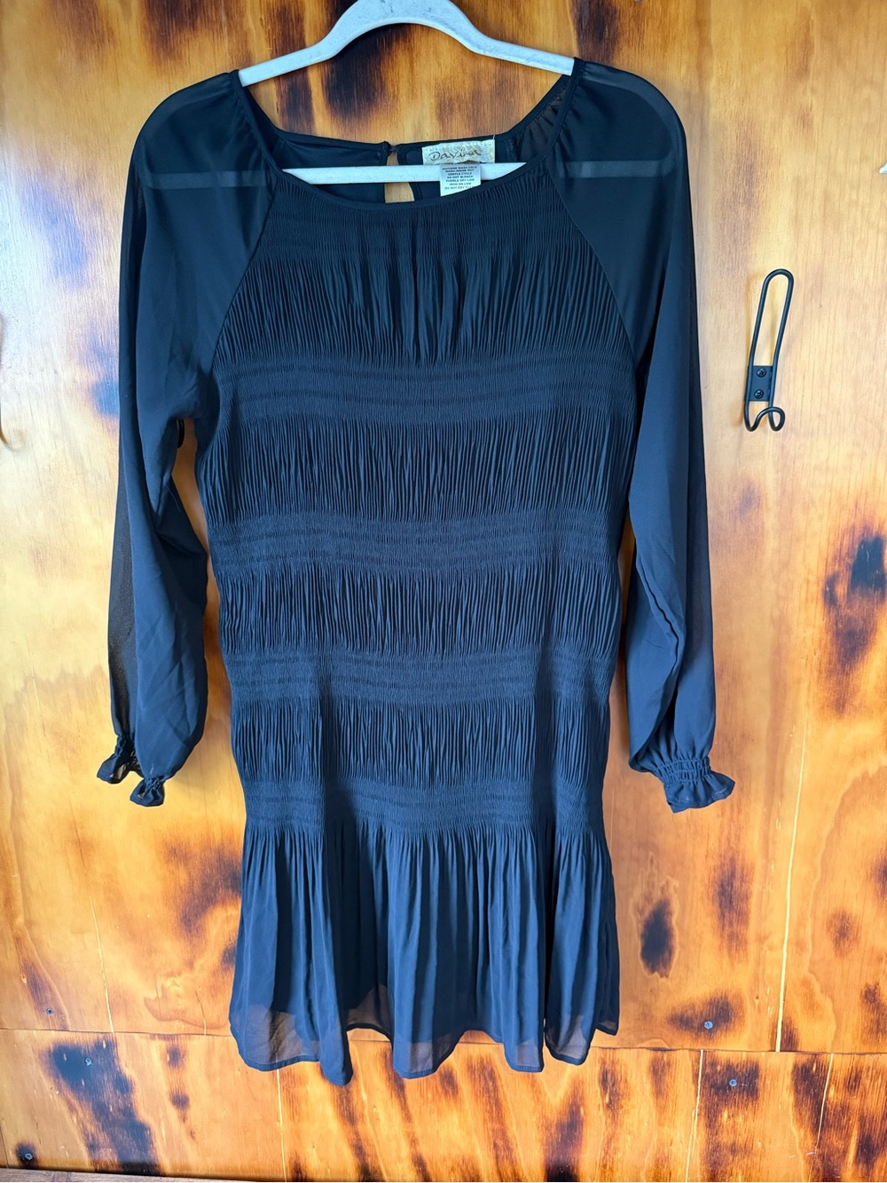 Smocked Black Long-Sleeve Dress with Flared Hem